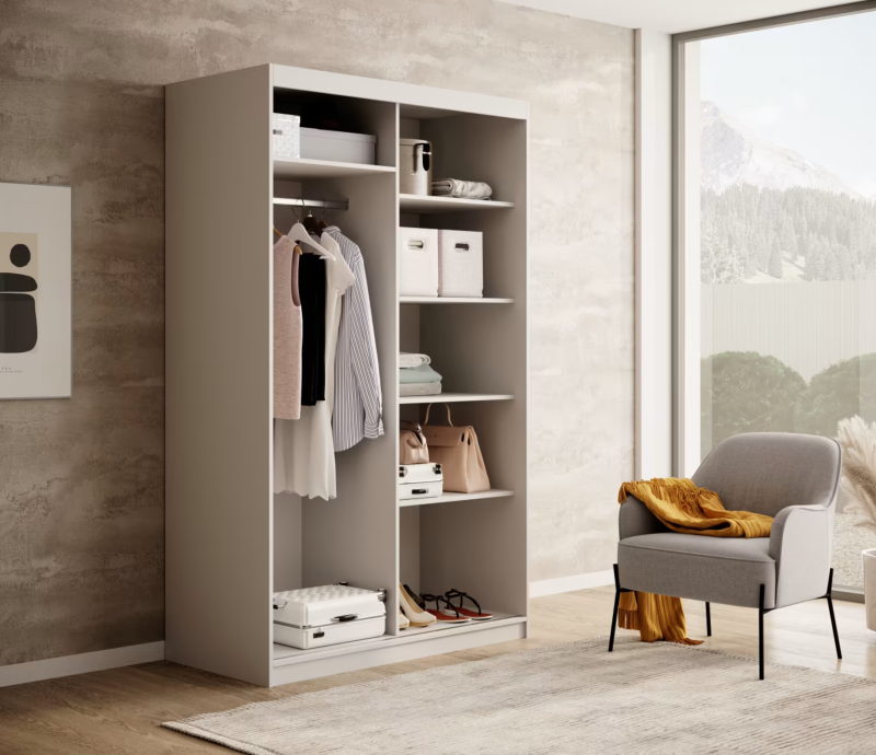 DELIA Kleiderschrank – Moderner Lamellen-Schrank, Schiebetürenschrank mit Spiegel & Stauraum | 120 cm - Weiß / Holz