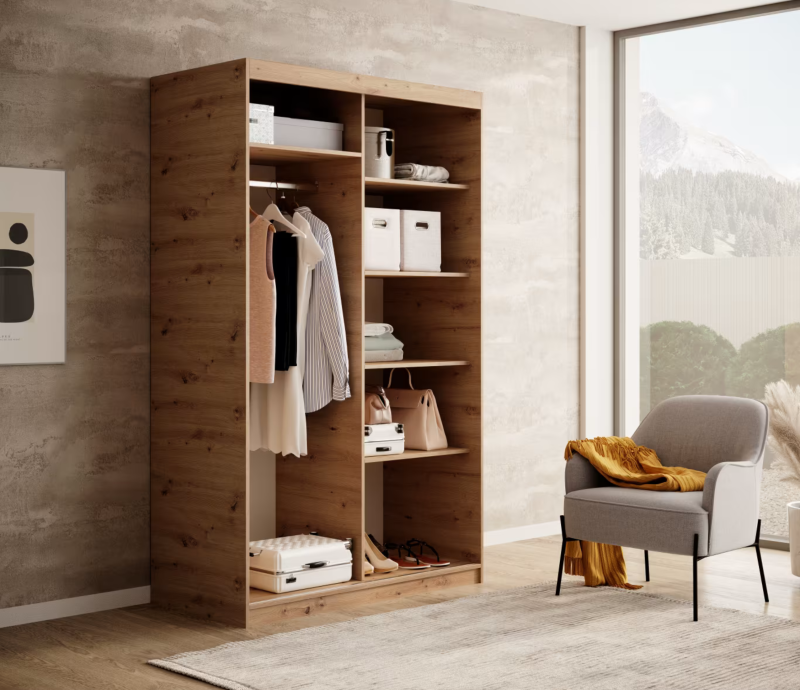DELIA Kleiderschrank – Moderner Lamellen-Schrank, Schiebetürenschrank mit Spiegel & Stauraum | 120 cm - Holz / Schwarz