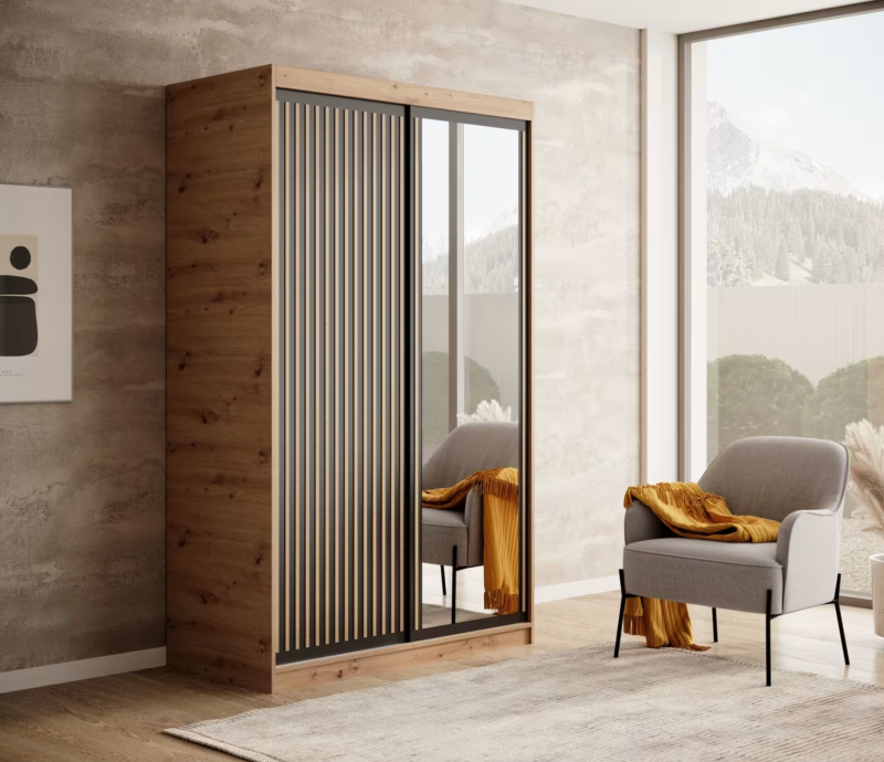 DELIA Kleiderschrank – Moderner Lamellen-Schrank, Schiebetürenschrank mit Spiegel & Stauraum | 120 cm - Holz / Schwarz