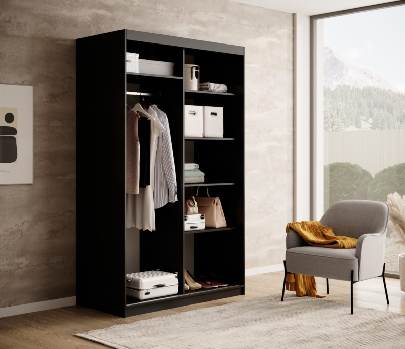 DELIA Kleiderschrank – Moderner Lamellen-Schrank, Schiebetürenschrank mit Spiegel & Stauraum | 120 cm - Schwarz / Holz