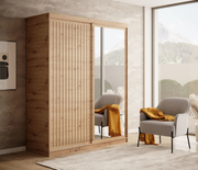 DELIA Kleiderschrank – Moderner Lamellen-Schrank, Schiebetürenschrank mit Spiegel & Stauraum | 160 cm - Holz