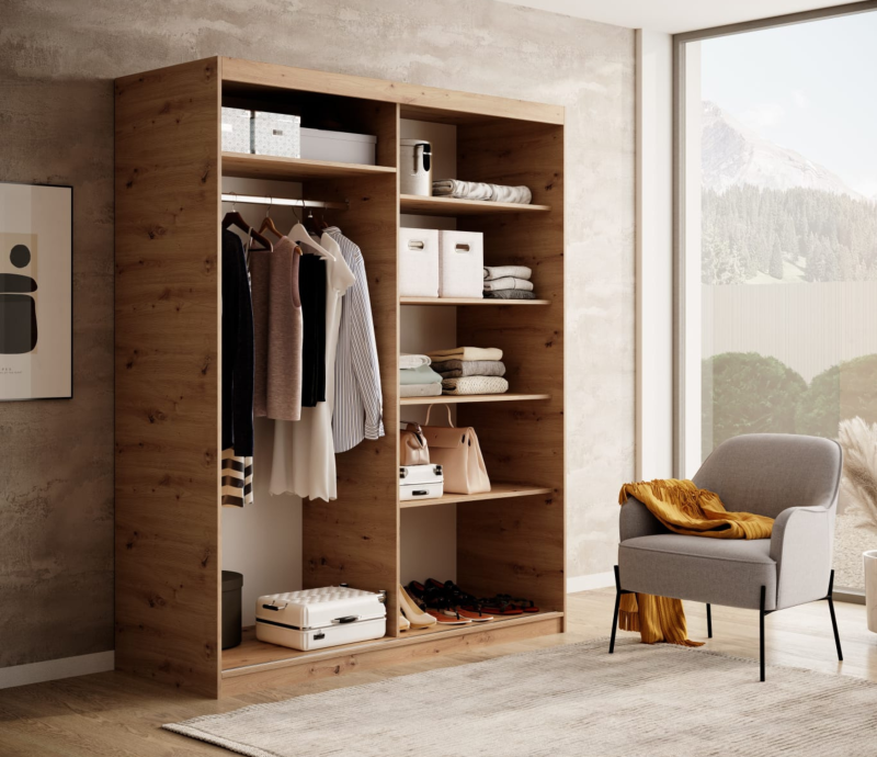 DELIA Kleiderschrank – Moderner Lamellen-Schrank, Schiebetürenschrank mit Spiegel & Stauraum | 160 cm - Holz