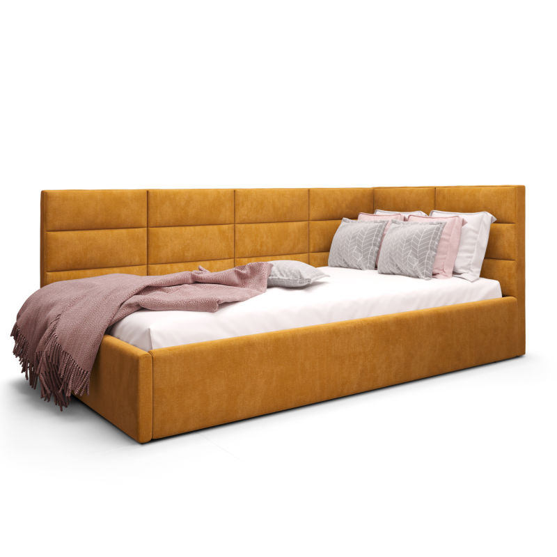 Einzelbett ZAZU mit Stauraum und Matratze – Gepolstertes Bett für Kinder- und Jugendzimmer - Senf (Terra 48)