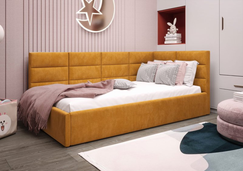 Einzelbett ZAZU mit Stauraum und Matratze – Gepolstertes Bett für Kinder- und Jugendzimmer - Senf (Terra 48)