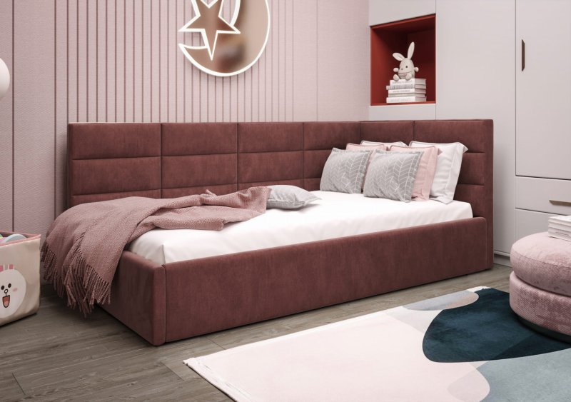 Einzelbett ZAZU mit Stauraum und Matratze – Gepolstertes Bett für Kinder- und Jugendzimmer - Burgund (Terra 63)