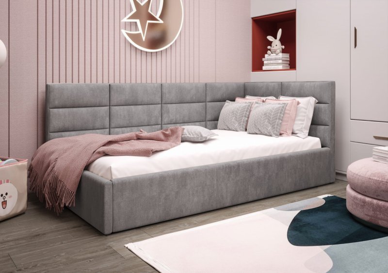 Einzelbett ZAZU mit Stauraum und Matratze – Gepolstertes Bett für Kinder- und Jugendzimmer - Grau (Terra 92)
