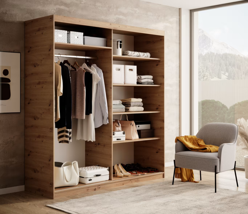 DELIA Kleiderschrank – Moderner Lamellen-Schrank, Schiebetürenschrank mit Spiegel & Stauraum  180 cm - Holz  Schwarz
