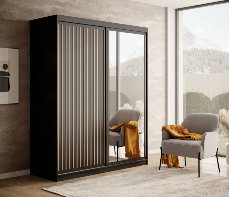 DELIA Kleiderschrank – Moderner Lamellen-Schrank, Schiebetürenschrank mit Spiegel & Stauraum | 160 cm - Schwarz / Holz