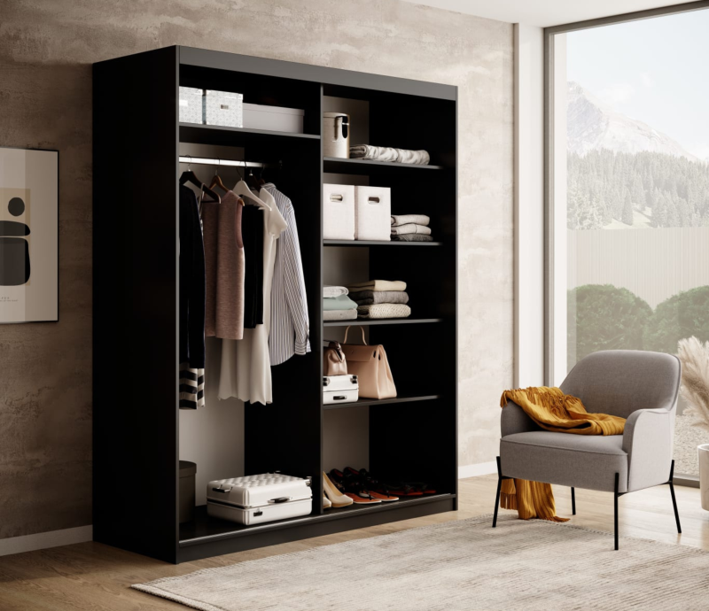 DELIA Kleiderschrank – Moderner Lamellen-Schrank, Schiebetürenschrank mit Spiegel & Stauraum | 160 cm - Schwarz / Holz