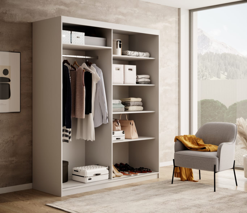 DELIA Kleiderschrank – Moderner Lamellen-Schrank, Schiebetürenschrank mit Spiegel & Stauraum | 160 cm - Weiß / Holz