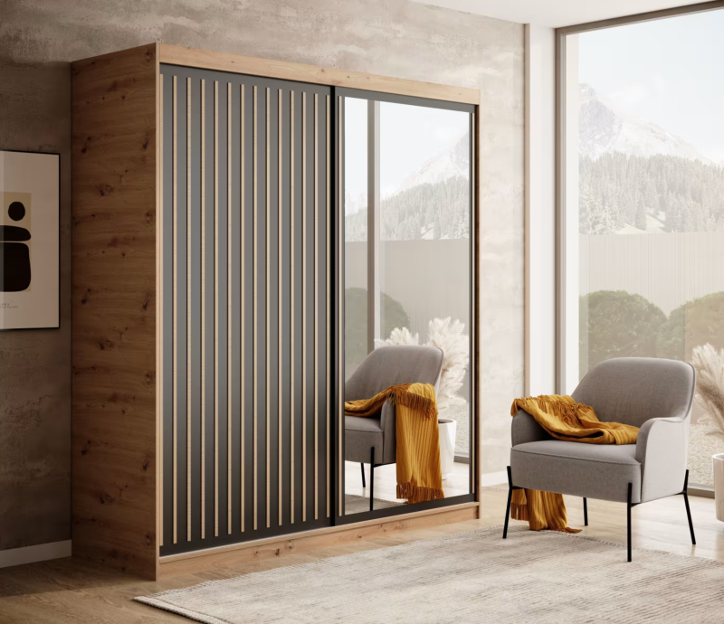 DELIA Kleiderschrank – Moderner Lamellen-Schrank, Schiebetürenschrank mit Spiegel & Stauraum  180 cm - Holz  Schwarz