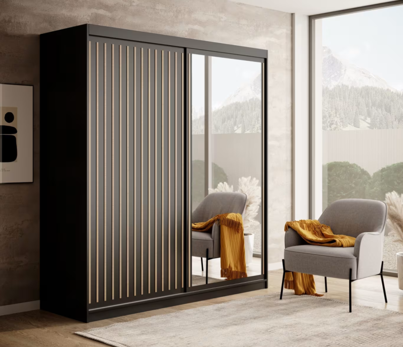 DELIA Kleiderschrank – Moderner Lamellen-Schrank, Schiebetürenschrank mit Spiegel & Stauraum  180 cm - Schwarz  Holz