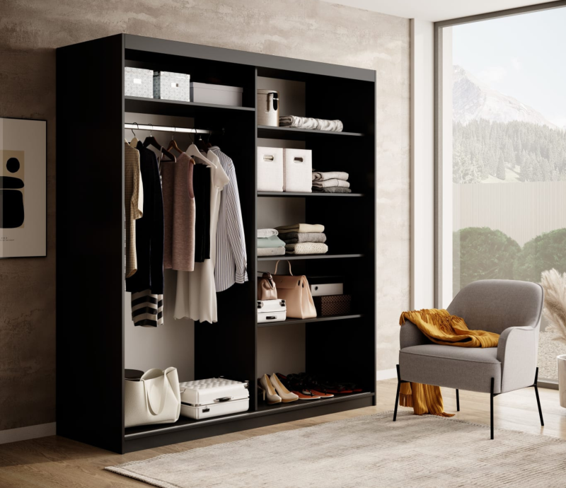 DELIA Kleiderschrank – Moderner Lamellen-Schrank, Schiebetürenschrank mit Spiegel & Stauraum  180 cm - Schwarz  Holz