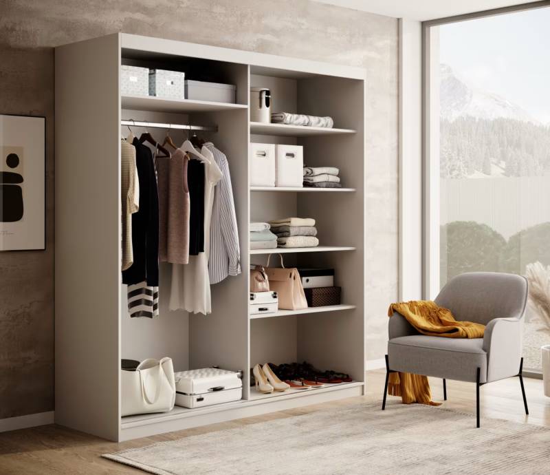 DELIA Kleiderschrank – Moderner Lamellen-Schrank, Schiebetürenschrank mit Spiegel & Stauraum  180 cm - Weiß  Holz