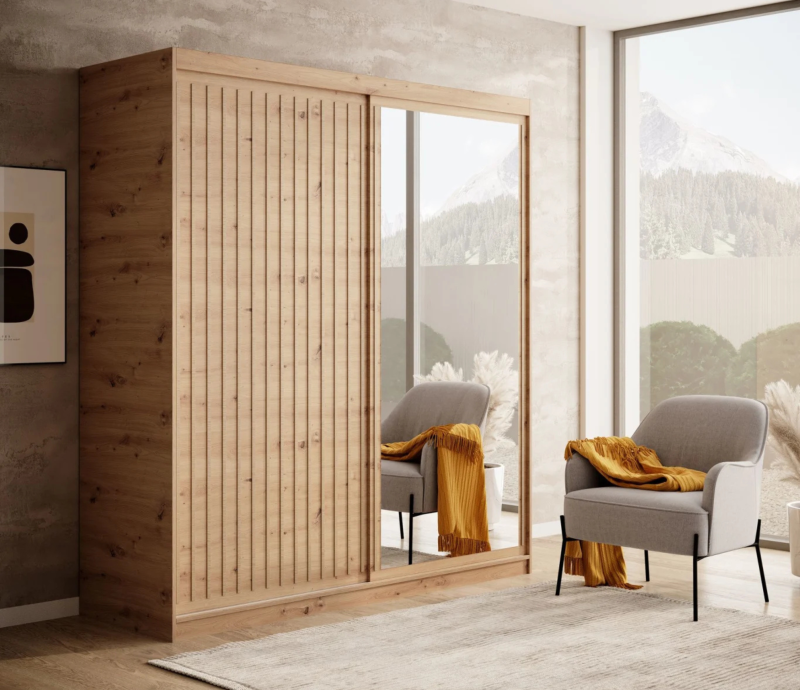 DELIA Kleiderschrank – Moderner Lamellen-Schrank, Schiebetürenschrank mit Spiegel & Stauraum  180 cm - Holz
