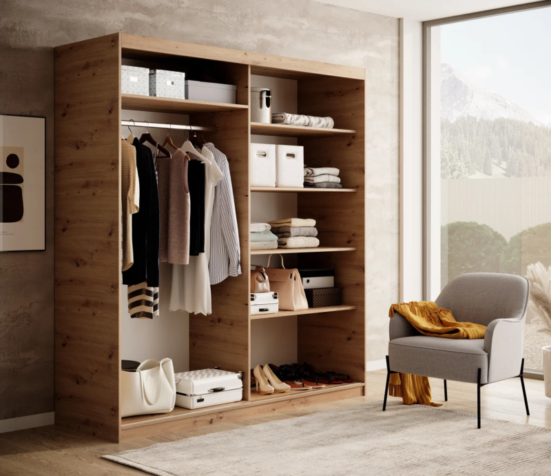 DELIA Kleiderschrank – Moderner Lamellen-Schrank, Schiebetürenschrank mit Spiegel & Stauraum  180 cm - Holz