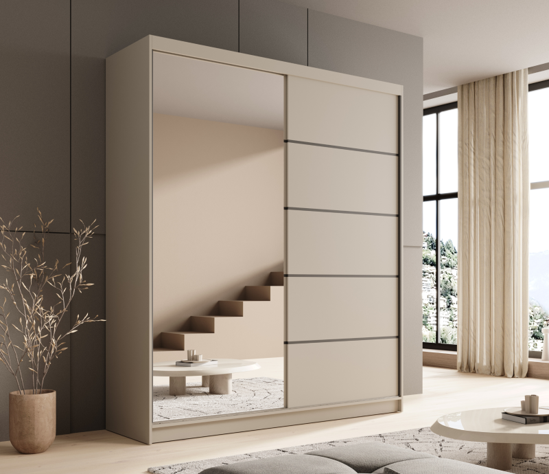 Schwebetürenschrank Nico 180 mit Spiegel – Eleganz und Funktionalität für moderne Wohnräume - Beige, Kaschmir