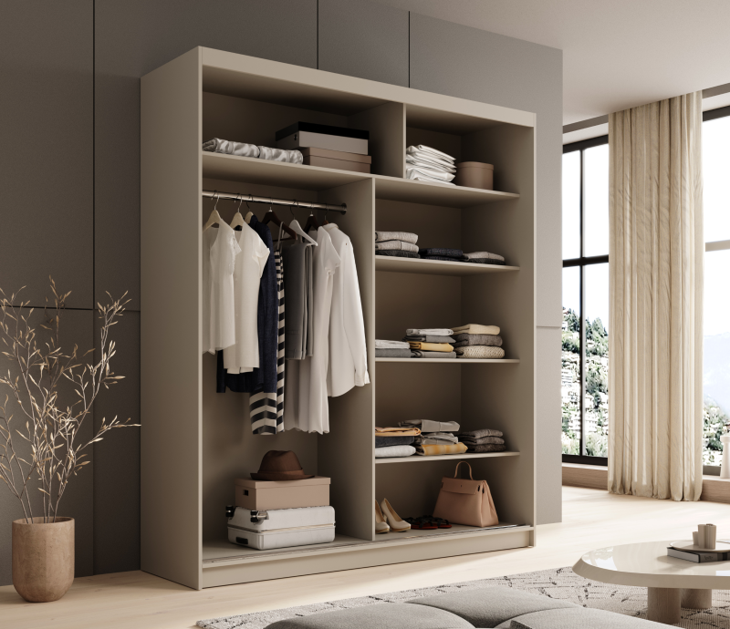 Schwebetürenschrank Nico 180 mit Spiegel – Eleganz und Funktionalität für moderne Wohnräume - Beige, Kaschmir