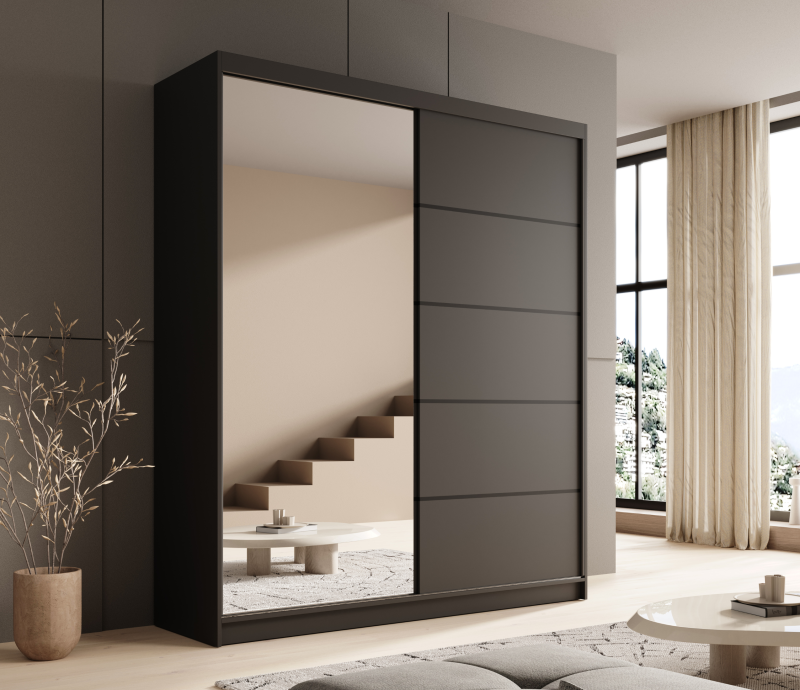 Schwebetürenschrank Nico 180 mit Spiegel – Eleganz und Funktionalität für moderne Wohnräume - Schwarz