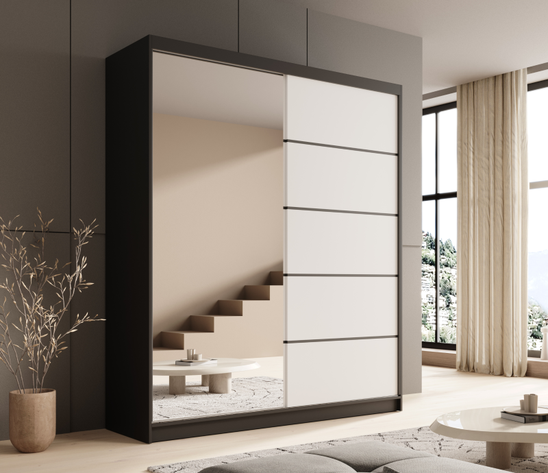 Schwebetürenschrank Nico 180 mit Spiegel – Eleganz und Funktionalität für moderne Wohnräume - Schwarz-Weiß
