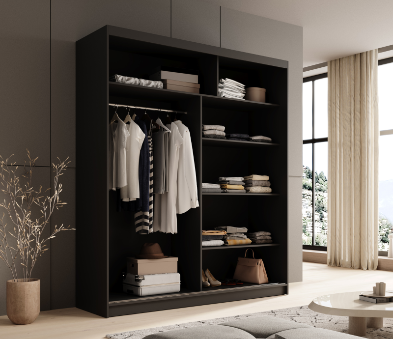 Schwebetürenschrank Nico 180 mit Spiegel – Eleganz und Funktionalität für moderne Wohnräume - Schwarz-Weiß