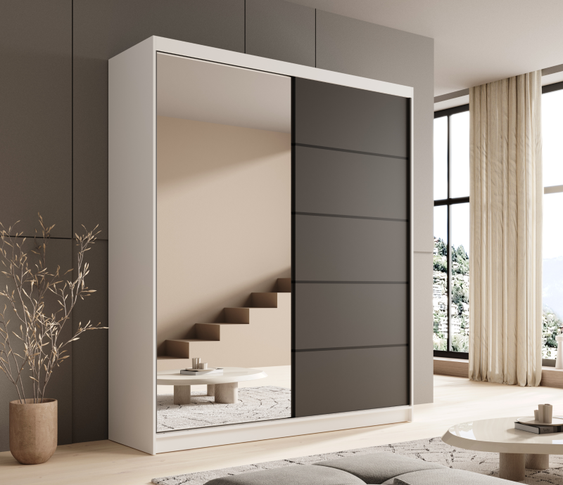 Schwebetürenschrank Nico 180 mit Spiegel – Eleganz und Funktionalität für moderne Wohnräume - WeißSchwarz