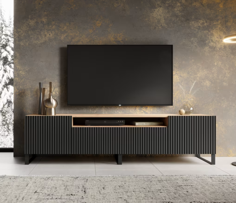 TV-Lowboard NOEMI 200 – Modernes Design mit geriffelter Front - Schwarz/Holz