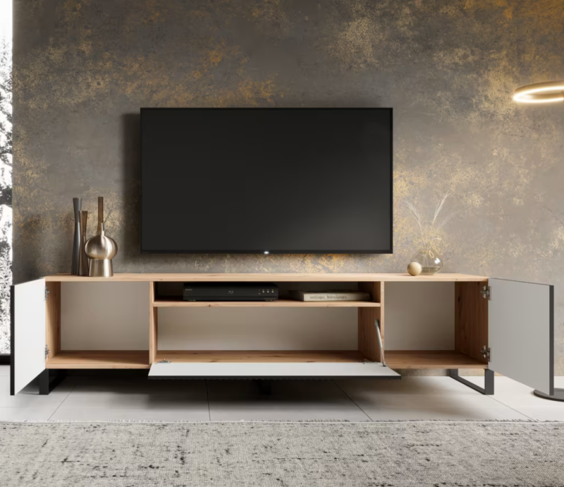 TV-Lowboard NOEMI 200 – Modernes Design mit geriffelter Front - Schwarz/Holz