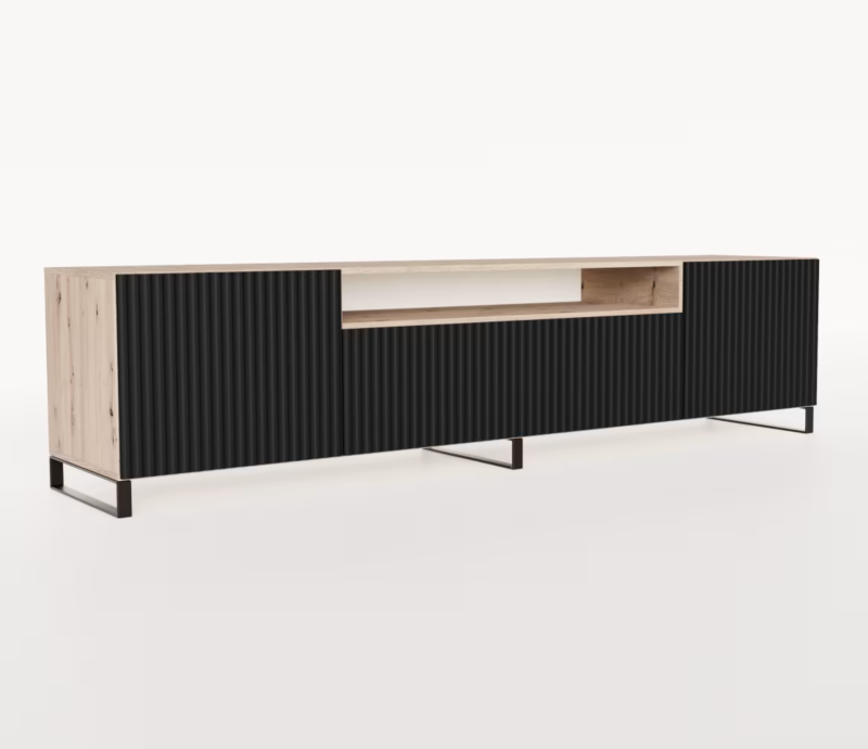 TV-Lowboard NOEMI 200 – Modernes Design mit geriffelter Front - Schwarz/Holz