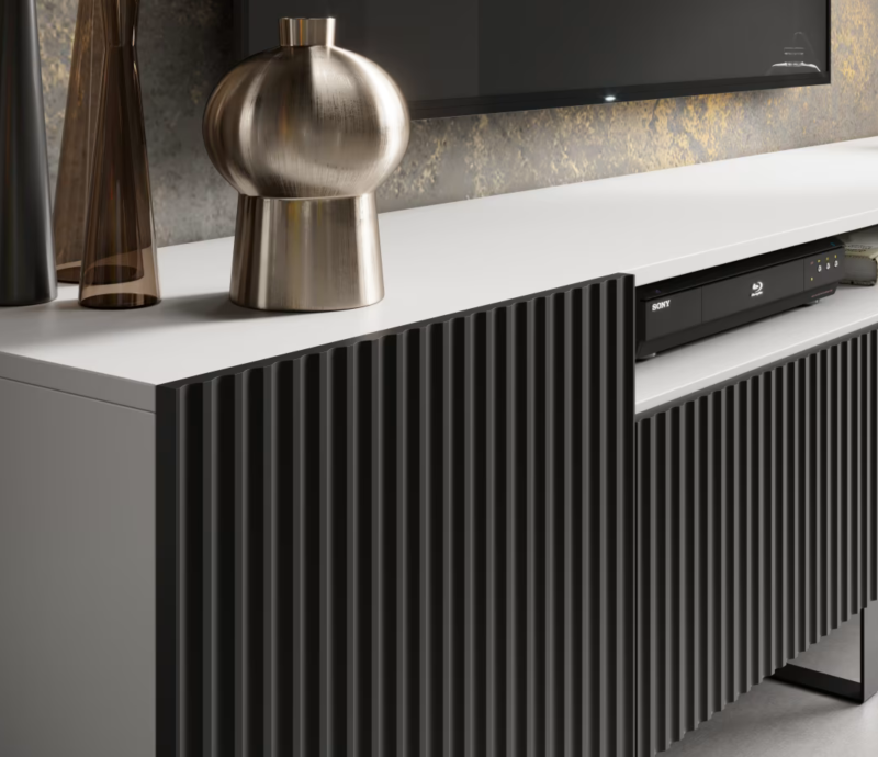 TV-Lowboard NOEMI 200 – Modernes Design mit geriffelter Front - Schwarz Weiß
