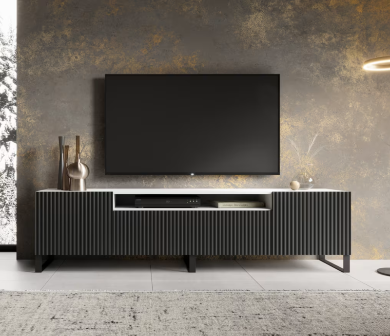 TV-Lowboard NOEMI 200 – Modernes Design mit geriffelter Front - Schwarz Weiß