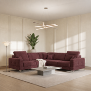 Ecksofa Malibu Max 250x250 cm mit Schlaffunktion, Stoff Gemma, Verstellbare Kopfstützen & Armlehne, Weinrot (Gemma 59)