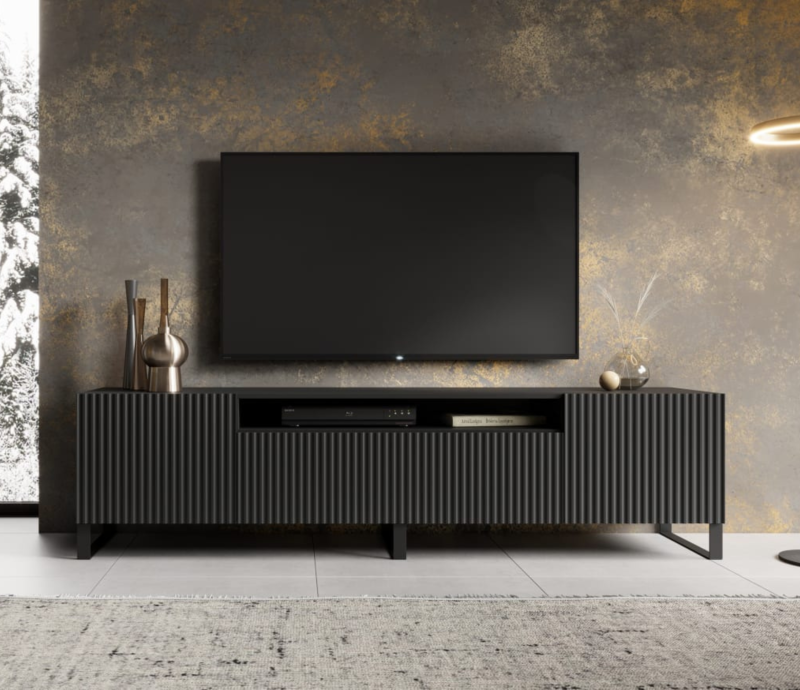 TV-Lowboard NOEMI 200 – Modernes Design mit geriffelter Front - Schwarz