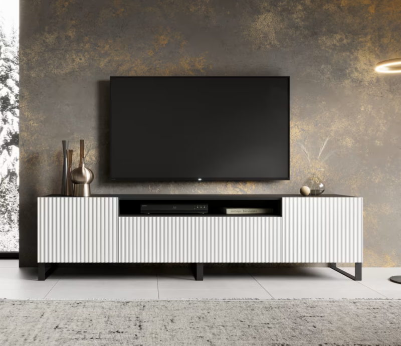 TV-Lowboard NOEMI 200 – Modernes Design mit geriffelter Front - WeißSchwarz