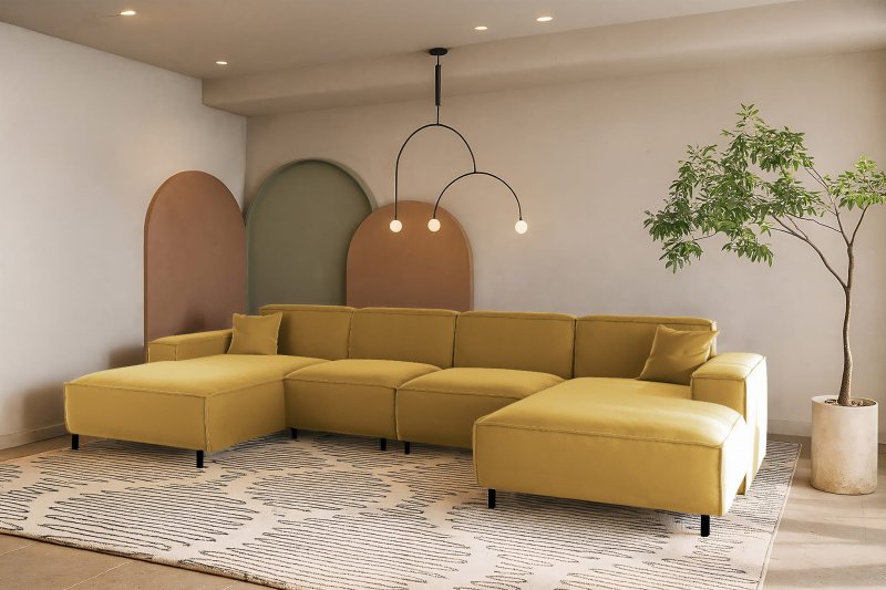 LUGA U HILLS Ecksofa in U-Form – große Wohnlandschaft, freistehend, mit Wellenfedern Typ B und Tiffany Veloursbezug - Senf
