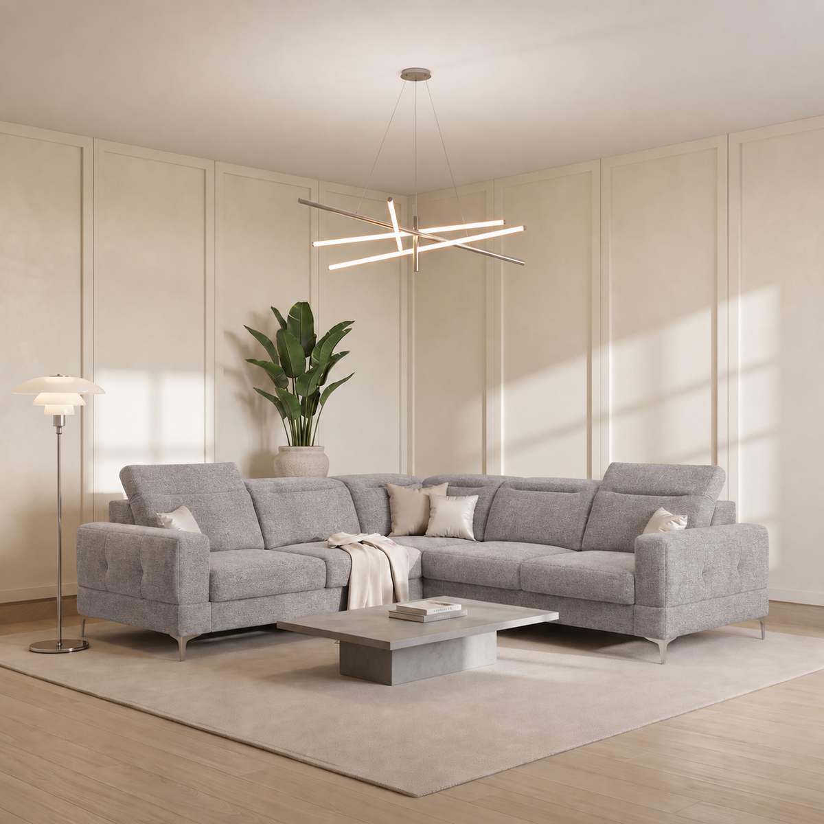 Ecksofa Malibu Max 250x250 cm mit Schlaffunktion, Stoff Gemma, Verstellbare Kopfstützen & Armlehne, Beige (Gemma 86)