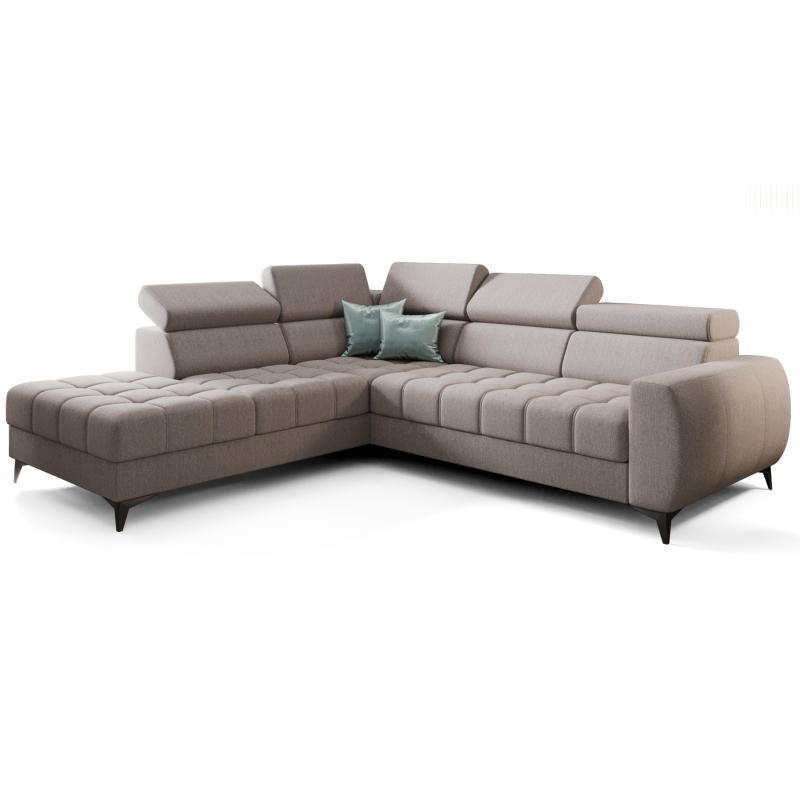 PORTO Ecksofa 255 × 225 cm mit Schlaffunktion, Bettkasten, verstellbaren Kopfstützen – HR & T35 Schaum, Stoff Gemma - Aschgrau