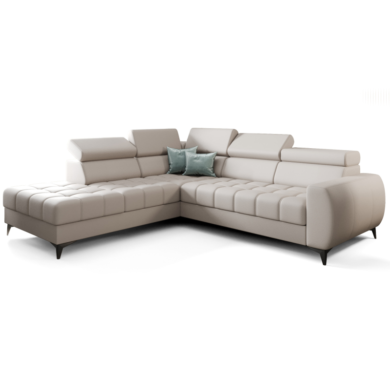 PORTO Ecksofa 255 × 225 cm mit Schlaffunktion, Bettkasten, verstellbaren Kopfstützen – HR & T35 Schaum, Echtleder - Hellgrau