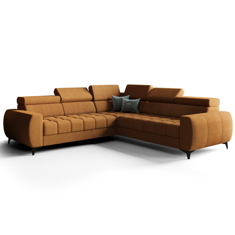 Porto Max 255x255 cm – Ecksofa mit Schlaffunktion und Bettkasten, Hochwertiger HR- & T35-Schaum, Regulierbare Kopfstützen - Moly 51, Orange.png