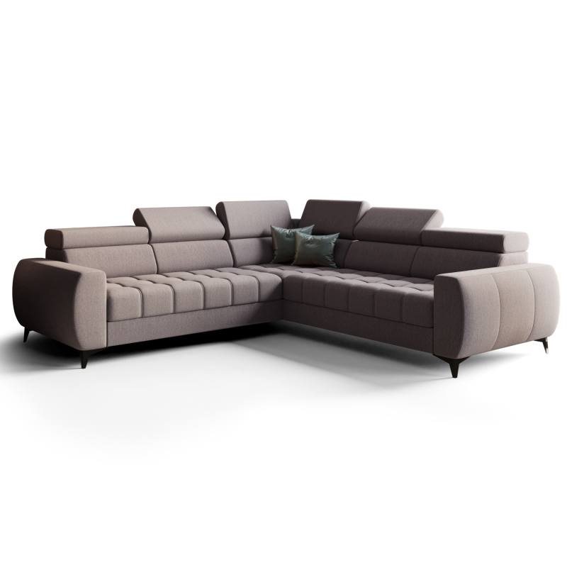 Porto Max 255x255 cm – Ecksofa mit Schlaffunktion und Bettkasten, Hochwertiger HR- & T35-Schaum, Regulierbare Kopfstützen - Stoff Gemma 86 - Aschgrau