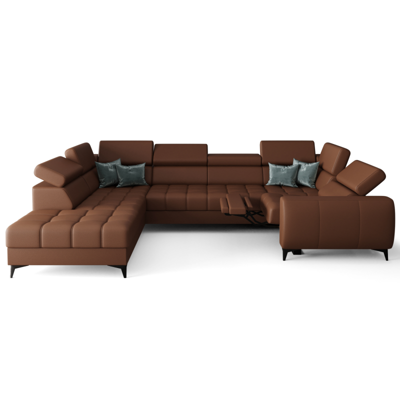 Porto Max I Relax Ecksofa mit elektrischer Relaxfunktion, Schlaffunktion und verstellbaren Kopfstützen, Stoff Crown 3 - Echtleder K-31 - Kognak, Braun - LINKS.png