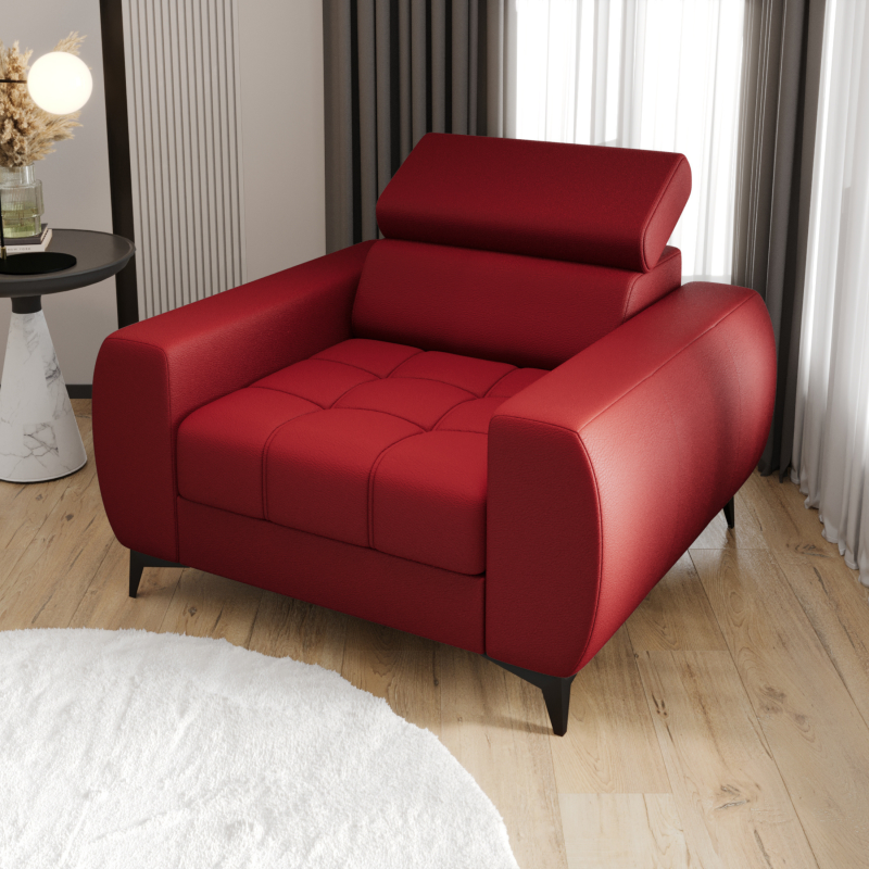 PORTO Sessel 110 cm – Gepolsterter Sessel mit verstellbaren Kopfstützen, freistehend im modernen Stil - Echtleder L-55, Rot