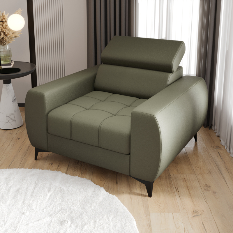 PORTO Sessel 110 cm – Gepolsterter Sessel mit verstellbaren Kopfstützen, freistehend im modernen Stil - Echtleder L-2, Olivgrün