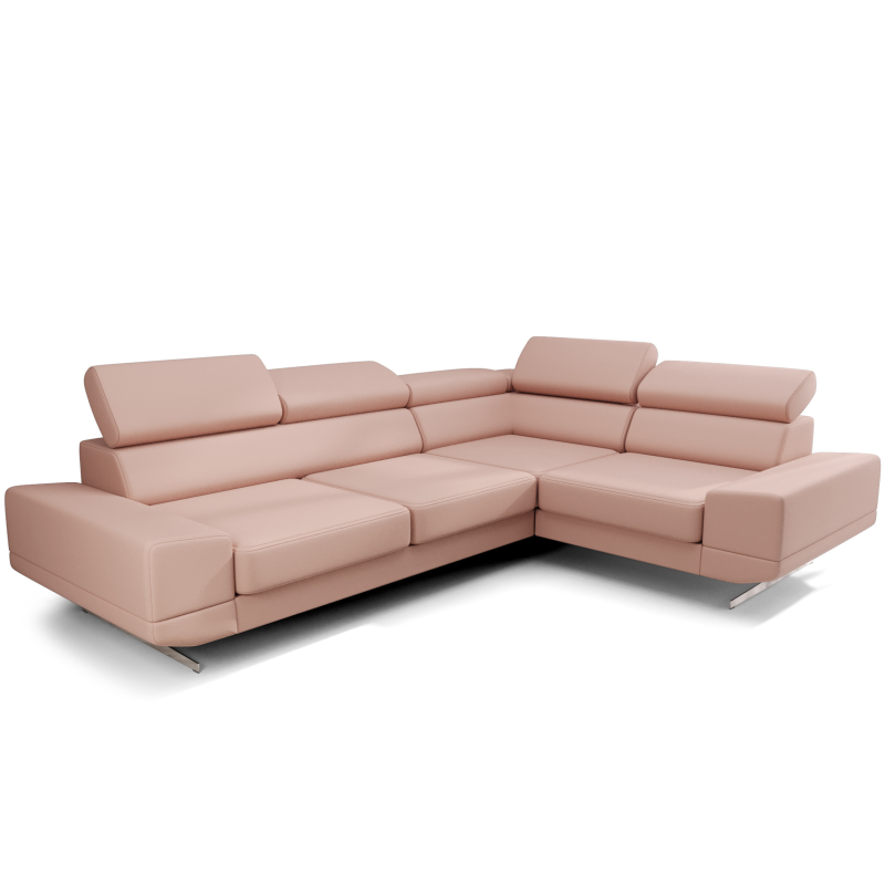 Ecksofa Milano II – Modernes Ecksofa mit verstellbaren Kopfstützen und hohen Metallfüßen, Echtleder U-54 - Rosa