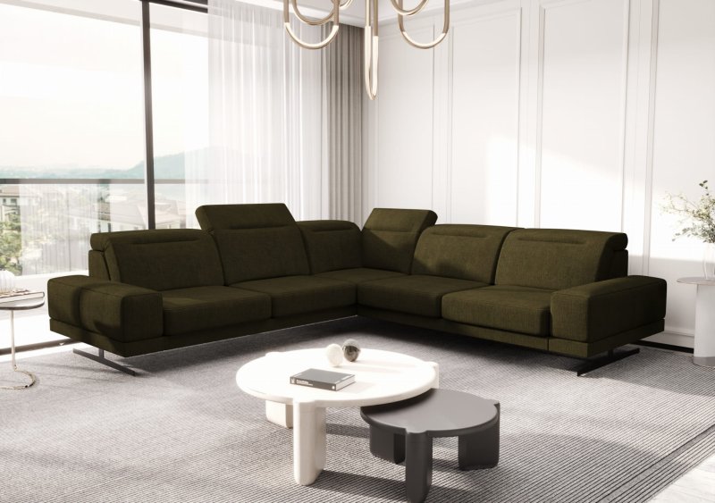 Ecksofa Fiore Max 265x265 cm mit T35 Schaum & Wellenfederung – modernes Ecksofa mit verstellbaren Kopfstützen, Moly