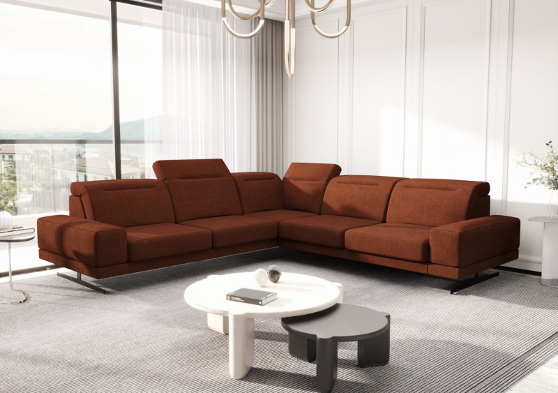 Ecksofa Fiore Max 265x265 cm mit T35 Schaum & Wellenfederung – modernes Ecksofa mit verstellbaren Kopfstützen, Moly