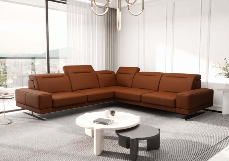 Ecksofa Fiore Max 265x265 cm mit T35 Schaum & Wellenfederung – modernes Ecksofa mit verstellbaren Kopfstützen, Echtleder
