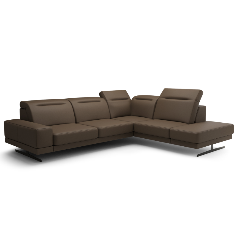 Ecksofa Fiore 265 × 220 cm mit verstellbaren Kopfstützen und T35-Schaum – Echtleder U-16, Toffee Braun
