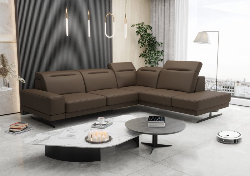 Ecksofa Fiore 265 × 220 cm mit verstellbaren Kopfstützen und T35-Schaum – Echtleder U-16, Toffee Braun