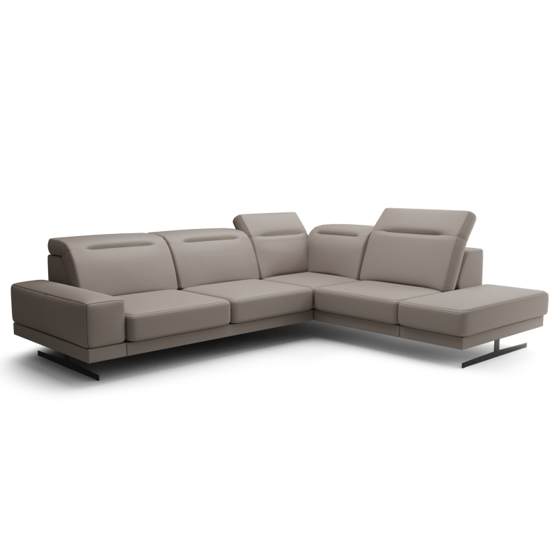 Ecksofa Fiore 265 × 220 cm mit verstellbaren Kopfstützen und T35-Schaum – Echtleder L-11, Grau